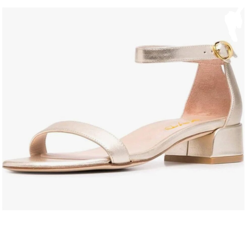 XYD Rose Gold Open Toe Ankle Strap Buckled Low Chunky Heel Dress Sandals
